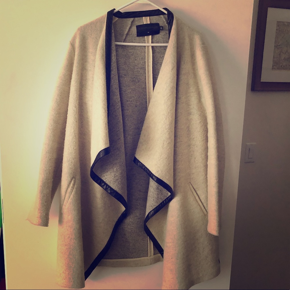 Wool drape coat with leather trim